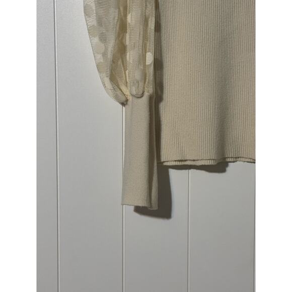 On Twelfth · Large · Ribbed Polka Dot Top · Sheer Sleeves · Square Neck · Cream - Picture 5 of 9
